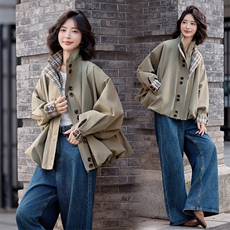 水衣源2796款灯笼外套女咸菜绿立领格子拼接洋气一手长风衣，女装风衣，水衣源