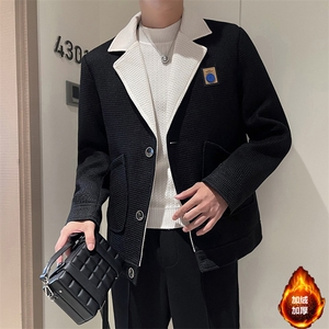 秋冬直播品质拼色加绒加厚翻领毛呢大衣夹克外套N9811-p135控185图片