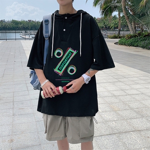 LD54171-P45 连帽短袖t恤男大码胖子带帽五分袖中袖图片