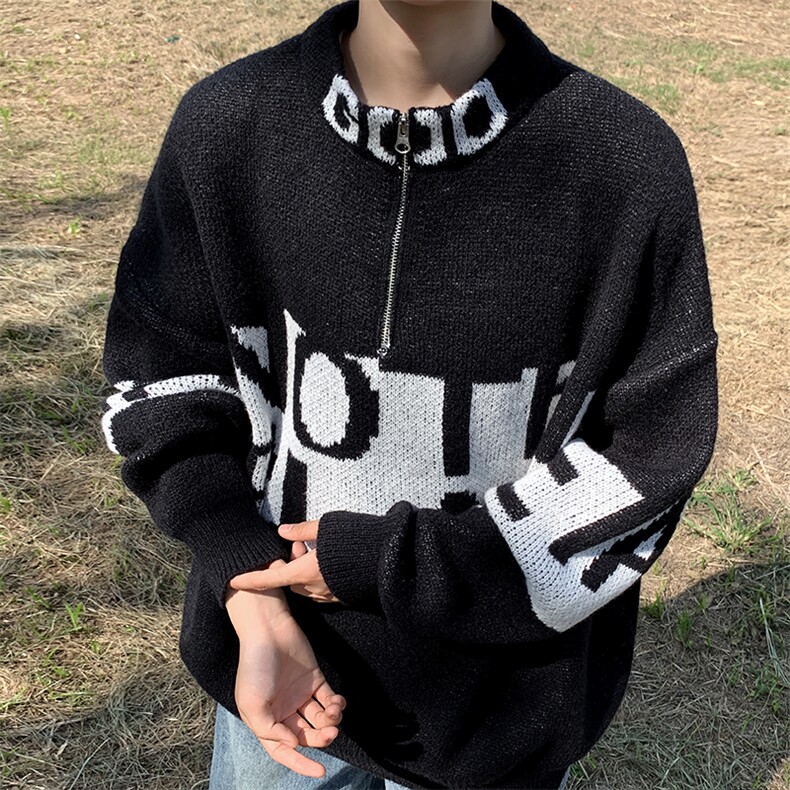 美式潮牌字母提花半拉链高领毛衣男春秋街头宽松针织衫Y01-P48，男装针织衫/毛衣，星座308B-2