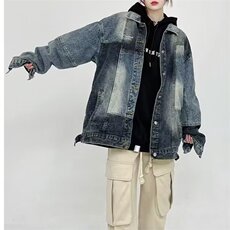 复古蓝拼接牛仔外套男2025春季宽松小众设计感拼色牛仔衣夹克上衣，男装工装外套，星座1210-1