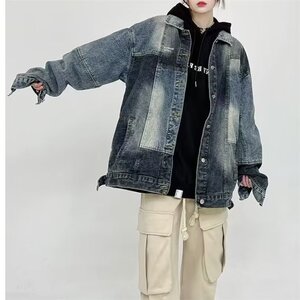 复古蓝拼接牛仔外套男2025春季宽松小众设计感拼色牛仔衣夹克上衣图片