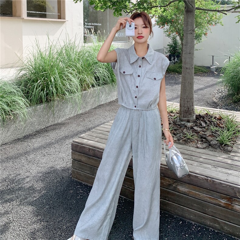 老钱风休闲马甲高腰阔腿裤套装女2025夏季新款韩版复古工装两件套,女装套装/套裙,2C203