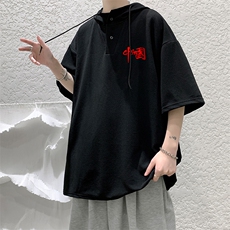 LD54276-P45连帽短袖t恤男大码胖子带帽五分袖中袖，男装T恤，电商A040