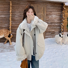韩系羊羔毛拼接派克服女2025冬季新款设计感加绒加厚保暖工装棉服，女装派克服，2C056