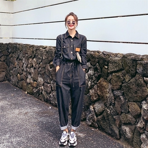 休闲减龄藏蓝色牛仔衬衫连体裤女2025春秋洋气超火巨好看工装长裤图片