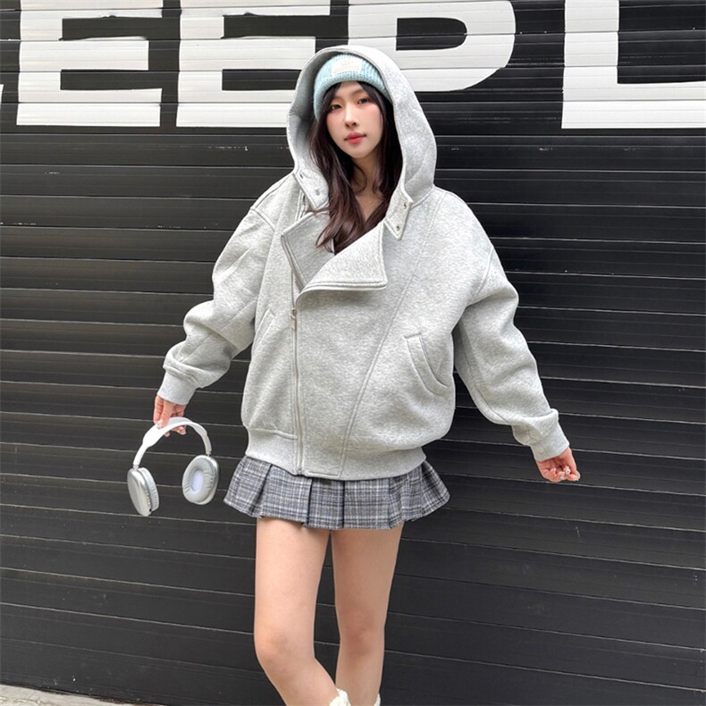 抖音得物品质26春装美式重磅结构斜拉链高领连帽卫衣开衫外套W61,女装短外套,电商A486