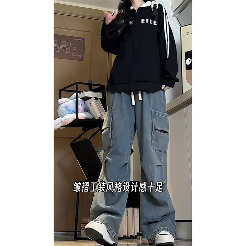 港风水洗直筒牛仔裤男女同款复古休闲工装潮流宽松长裤K646TP55,男装牛仔裤,电商A102B