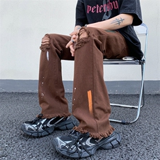 B221美式ins高街暗黑喷墨休闲破洞微喇牛仔裤LK23088-P65控88，男装牛仔裤，电商B221