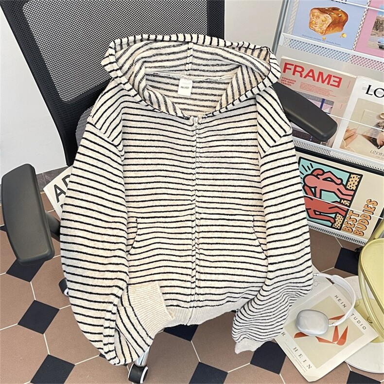 美式复古条纹拉链开衫连帽毛衣女早秋新款宽松百搭情侣潮，男装针织衫/毛衣，星座506A