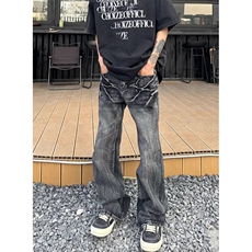 闪电裂纹做旧洗水显瘦百搭裤子宽松直筒微喇黑色牛仔裤男NT0814，男装牛仔裤，星座1116A（原606A-3）