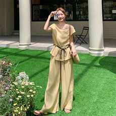 休闲气质棉麻阔腿裤套装女夏2025新款两件套韩系夏日ootd穿搭，女装套装/套裙，2C159
