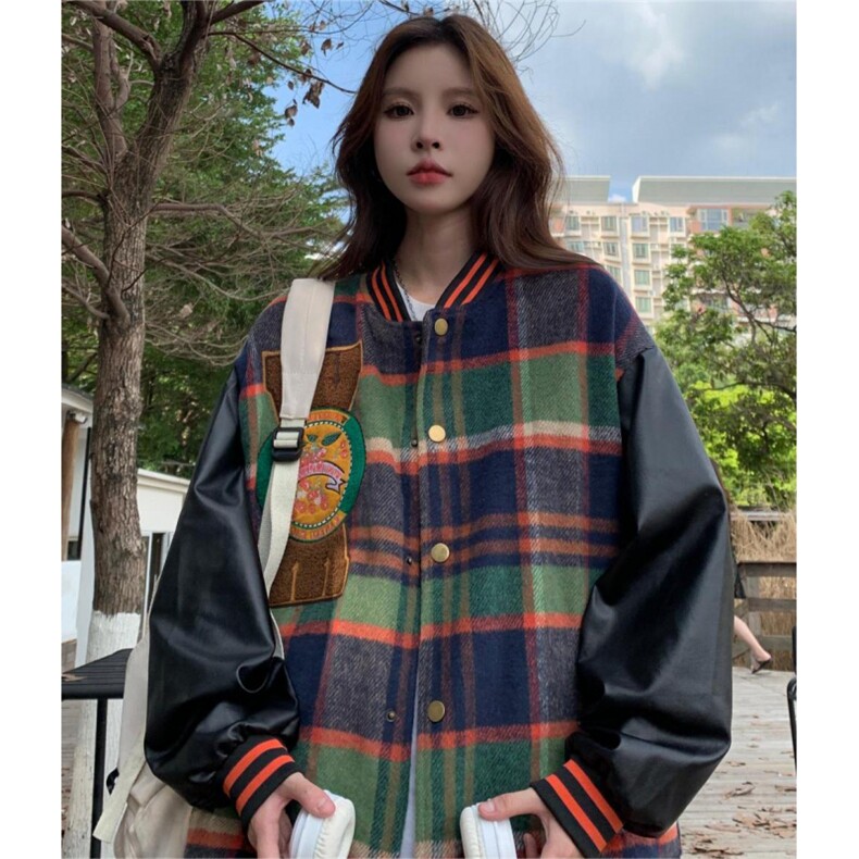 秋季新款复古港味格子棒球服外套女长袖宽松刺绣棒球服C341-90,女装短外套,星座911-2(原星座613-2）