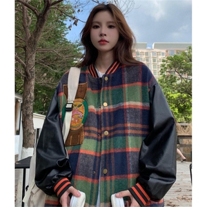 秋季新款复古港味格子棒球服外套女长袖宽松刺绣棒球服C341-90图片