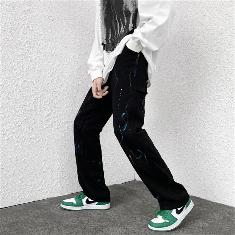 美式裤子高街ins潮vibe风街头工装白色阔腿泼墨牛仔裤男N0011-P45,男装牛仔裤,星座308B-1