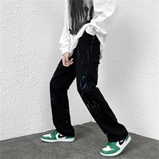 美式裤子高街ins潮vibe风街头工装白色阔腿泼墨牛仔裤男N0011-P45，男装牛仔裤，星座308B-1