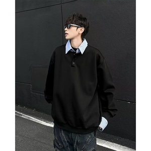 CL9972-P45假两件撞色拼接衬衫领卫衣男女秋季长袖翻领宽松情侣款图片
