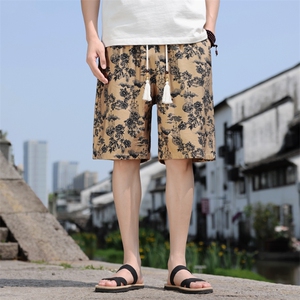 夏季亚麻棉麻印花风五分裤男宽松短裤个性A266-1-KZ773-P40图片