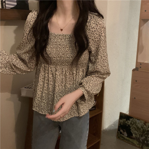 碎花雪纺衫新款方领收腰显瘦衬衫，女装蕾丝衫/雪纺衫，潮品会