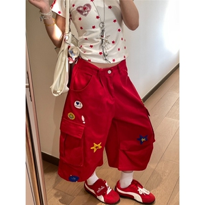 CP1255-P59 美式植绒刺绣工装牛仔七分裤男女夏季宽松休闲阔腿图片