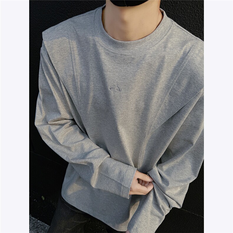 立体裁剪短宽休闲轮廓形设计感百搭基础打底长袖T恤男春季卫衣P38，男装T恤，电商C306-1