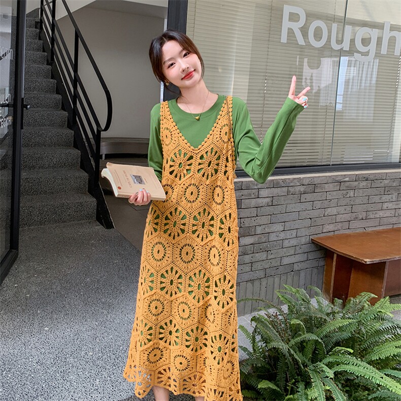 慵懒松弛穿搭蕾丝背心叠穿绿色T恤连衣裙女春秋休闲长裙两件套装，女装套装/套裙，新思路