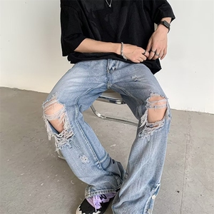 潮牌ins高街复古水洗破洞蓝色牛仔裤男排扣黑色开叉修身乞丐长裤图片