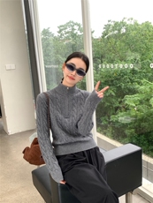 复古咖色立领麻花毛衣女秋冬季加厚慵懒老钱风半拉链针织衫，女装针织衫/毛衣，玛卡隆羊绒