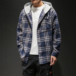 2021春季新款马切达日系宽松大码男休闲连帽格子衬衫C525-P50图片