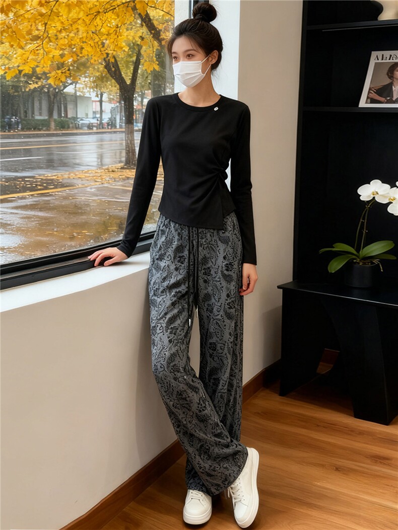 盐系穿搭休闲时尚套装女春新款设计感圆领开叉长袖上衣长裤两件套,女装套装/套裙,江南