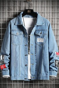 jk600-p55-限价78 网格印花大码牛仔夹克肥仔秋款量足图片