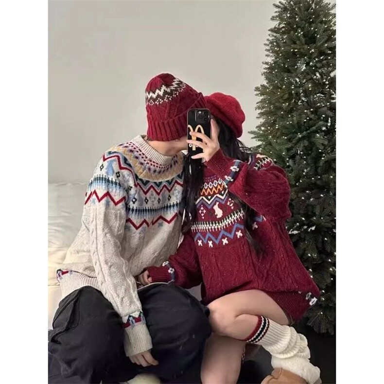 MY399费尔岛圆领宽松套头针织衫女复古麻花情侣新年毛衣,男装针织衫/毛衣,星座308A-1（原309B-1）