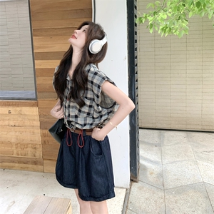 慵懒风休闲显瘦减龄套装女2025夏新款格子衬衫上衣牛仔短裤两件套图片