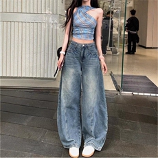 美式高街水洗弯刀牛仔裤女2025秋季新款高腰宽松显瘦痞帅阔腿裤，男装牛仔裤，星座1210-1