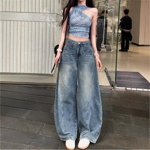 美式高街水洗弯刀牛仔裤女2025秋季新款高腰宽松显瘦痞帅阔腿裤图片