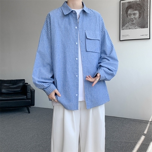 衬衫男春季新款港风宽松大码立体口袋纯棉条纹长袖衬衣CS3099-P42图片