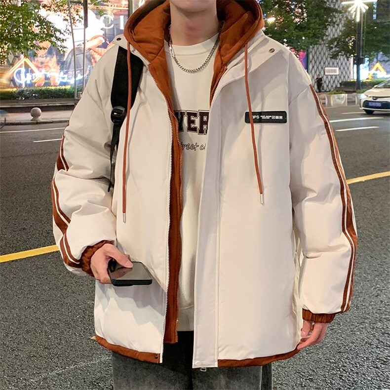 加棉拼色假两件连帽棉衣外套男士大码保暖棉服M2915特P75控108,男装棉衣,电商A001