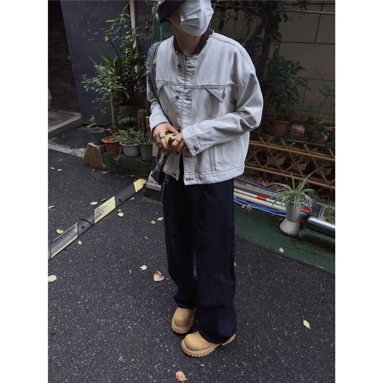 式白色牛仔衬衫外套丹宁薄夹克复古立领长袖上衣秋女,男装夹克,四季星座505