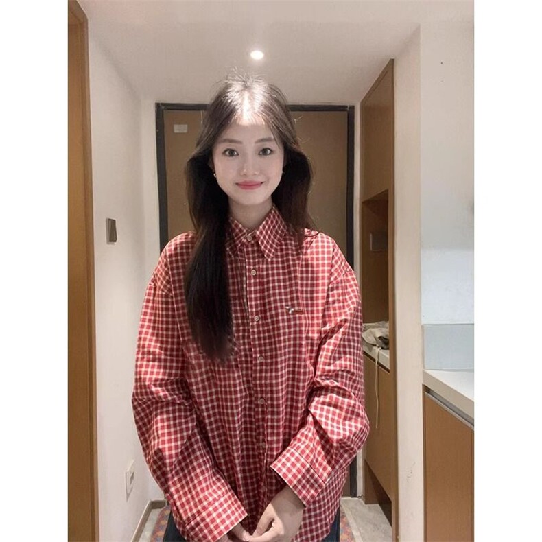 TC672-p45美式复古腊肠小狗红色格子衬衫女春季2025,女装衬衫,星座617A-2