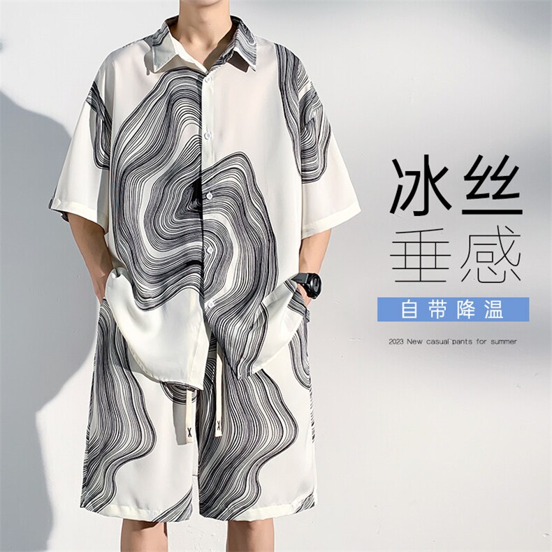 特批P35无差价夏季大码垂感衬衫短裤男士新中式运动两件套装TZ068,男装休闲套装,电商A001