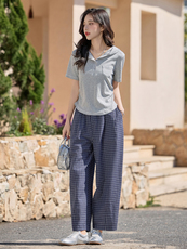 浅蓝色短袖T恤女士夏季新款胖mm收腰慵懒风高端欧货连帽衫薄上衣，女装T恤，梦懿尔