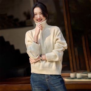 镇店 ~潇洒至ji！女半拉链立领纯山羊绒衫宽松毛衣宽松针织衫图片