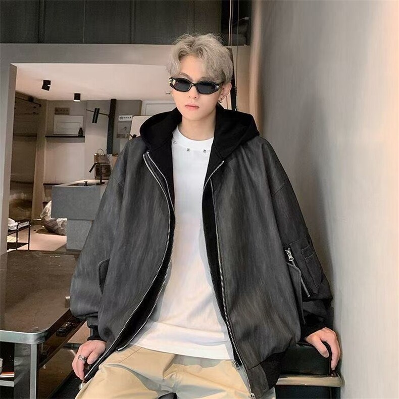 G1565-P70 假两件皮衣外套男春季连帽做旧痞帅休闲潮牌美式高街图片