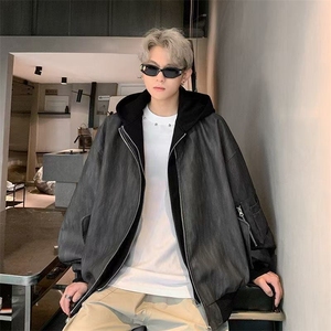 G1565-P70假两件皮衣外套男春季连帽做旧痞帅休闲潮牌美式高街