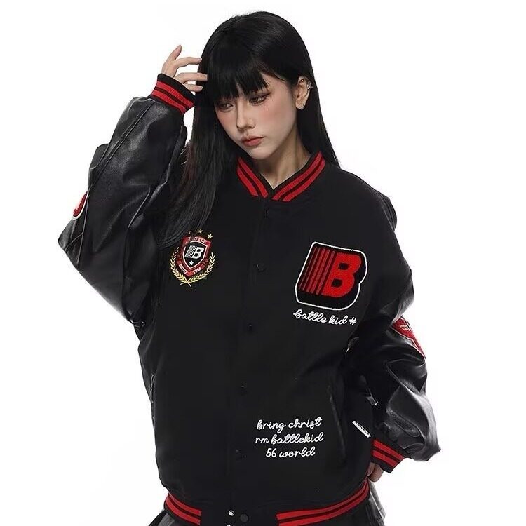 刺绣棒球服外套女潮秋冬夹棉加厚百搭宽松情侣拼接夹克HHA02 P73图片