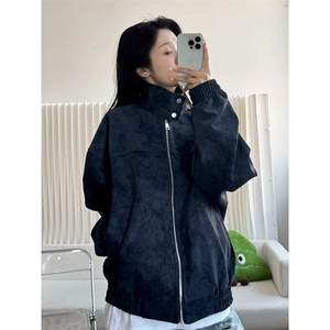 美式扎染pu皮衣短款外套男春秋立领棒球棉服设计感小众工装夹克图片
