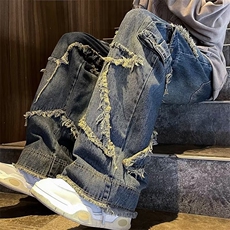 美式复古宽松显瘦牛仔裤春季设计感毛边拖地长裤直筒阔腿裤子潮，男装牛仔裤，星座716-2