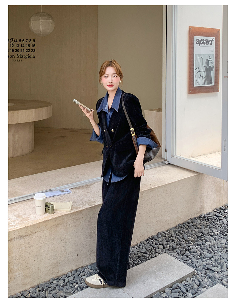 套装牛仔拼接灯芯绒西服阔腿裤两件套女秋，女装套装/套裙，浙宝B116
