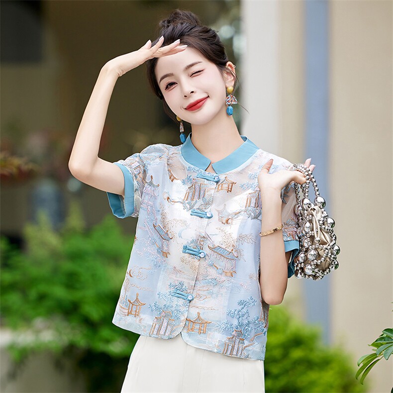 现货新中式盘扣刺绣防晒衣女夏2025新款气质立领唐装短袖薄款上衣,女装防晒衣,美静678