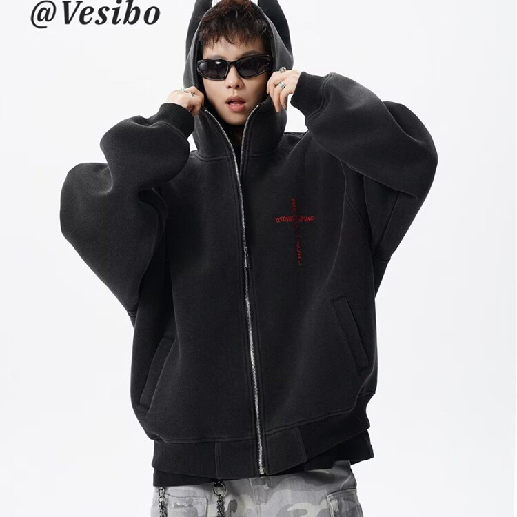 美式慵懒风外套男秋冬季hiphop复古连帽开衫卫衣大码宽松情侣上衣图片